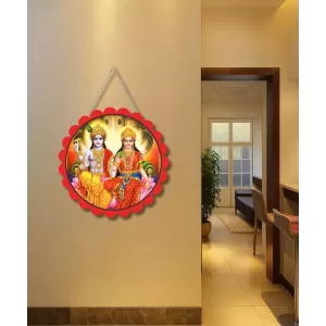 Radha Krishna Wall Hanging Photo Frame | 8 Inch Round Floral Design With Golden Hanging Chain | Decorative Religious Wall Decor For Home, Office, Temple & Pooja Room (F21786)