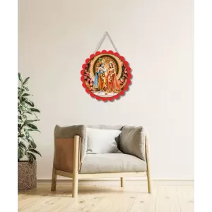 Radha Krishna Wall Hanging Photo Frame | 8 Inch Round Floral Design With Golden Hanging Chain | Decorative Religious Wall Decor For Home, Office, Temple & Pooja Room (F21909)
