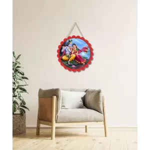 Radha Krishna Wall Hanging Photo Frame | 8 Inch Round Floral Design With Golden Hanging Chain | Decorative Religious Wall Decor For Home, Office, Temple & Pooja Room (F21981)