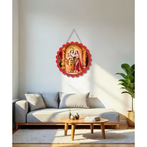 Radha Krishna Wall Hanging Photo Frame | 8 Inch Round Floral Design With Golden Hanging Chain | Decorative Religious Wall Decor For Home, Office, Temple & Pooja Room (F22094)