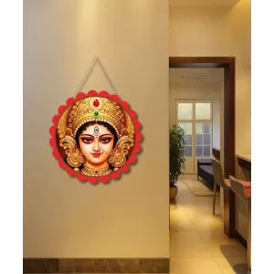Maa Durga Wall Hanging Photo Frame | 8 Inch Round Floral Design With Golden Hanging Chain | Decorative Religious Wall Decor For Home, Office, Temple & Pooja Room (F22732)