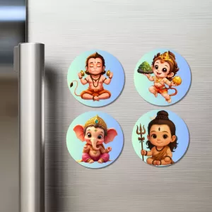 Hanuman, Ganesha, And Shiva Fridge Magnets Ã¢â‚¬â€œ 4 Piece Set | 3 Inch Round Wall Fridge Decor (F22752)