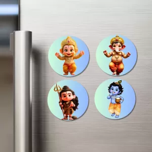 Hanuman, Ganesha, Shiva, And Krishna. Fridge Magnets Ã¢â‚¬â€œ 4 Piece Set | 3 Inch Round Wall Fridge Decor (F22753)