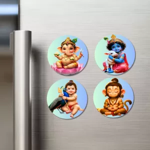 Ganesha, Krishna, Kartikeya, And Hanuman. Fridge Magnets Ã¢â‚¬â€œ 4 Piece Set | 3 Inch Round Wall Fridge Decor (F22760)