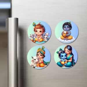 Ganesha, Krishna, Rama, And Hanuman. Fridge Magnets Ã¢â‚¬â€œ 4 Piece Set | 3 Inch Round Wall Fridge Decor (F22761)