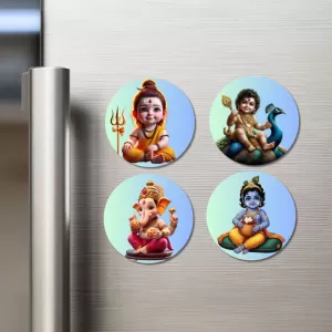 Krishna, Yashoda, Shiva, Kartikeya, And Ganesha. Fridge Magnets – 4 Piece Set | 3 Inch Round Wall Fridge Decor (F22762) Krishna, Yashoda, Shiva, Kartikeya, And Ganesha. Fridge Magnets – 4 Piece Set | 3 Inch Round Wall Fridge Decor (F22762)