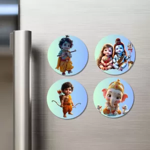 Krishna, Parvati, Shiva, Rama, And Ganesha. Fridge Magnets Ã¢â‚¬â€œ 4 Piece Set | 3 Inch Round Wall Fridge Decor (F22767)