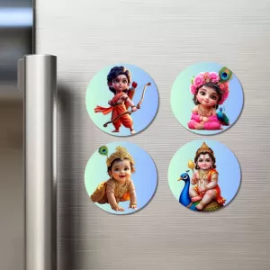 Rama, Radha, Krishna, And Kartikeya. Fridge Magnets Ã¢â‚¬â€œ 4 Piece Set | 3 Inch Round Wall Fridge Decor (F22768)