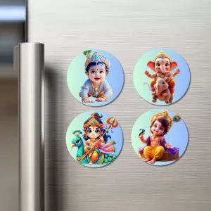 Krishna, Hanuman, Rama, Ganesha, And Kartikeya. Fridge Magnets – 4 Piece Set | 3 Inch Round Wall Fridge Decor (F22770) Krishna, Hanuman, Rama, Ganesha, And Kartikeya. Fridge Magnets – 4 Piece Set | 3 Inch Round Wall Fridge Decor (F22770)