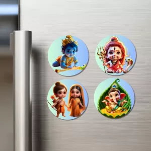 Kartikeya, Shiva, Krishna, Rama, Sita, And Ganesha. Fridge Magnets – 4 Piece Set | 3 Inch Round Wall Fridge Decor (F22771) Kartikeya, Shiva, Krishna, Rama, Sita, And Ganesha. Fridge Magnets – 4 Piece Set | 3 Inch Round Wall Fridge Decor (F22771)