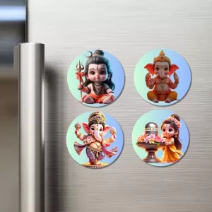 Shiva, Ganesha, And Parvati. Fridge Magnets Ã¢â‚¬â€œ 4 Piece Set | 3 Inch Round Wall Fridge Decor (F22773)
