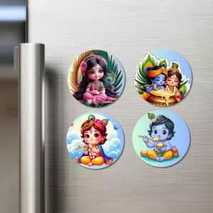 Radha Krishna Fridge Magnets Ã¢â‚¬â€œ 4 Piece Set | 3 Inch Round Wall Fridge Decor (F22776)