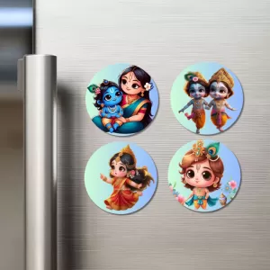 Krishna, Yashoda, And Radha. Fridge Magnets Ã¢â‚¬â€œ 4 Piece Set | 3 Inch Round Wall Fridge Decor (F22779)