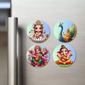 Saraswati, Kartikeya, Lakshmi, And Ganesha. Fridge Magnets – 4 Piece Set | 3 Inch Round Wall Fridge Decor (F22780) Saraswati, Kartikeya, Lakshmi, And Ganesha. Fridge Magnets – 4 Piece Set | 3 Inch Round Wall Fridge Decor (F22780)