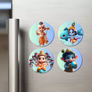 Krishna, Radha, Ganesha, Vamana, Vishnu Fridge Magnets Ã¢â‚¬â€œ 4 Piece Set | 3 Inch Round Wall Fridge Decor (F22783)