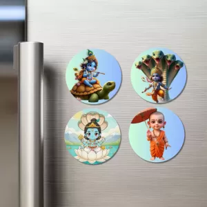 Vishnu, Krishna, And Vamana. Fridge Magnets Ã¢â‚¬â€œ 4 Piece Set | 3 Inch Round Wall Fridge Decor (F22784)