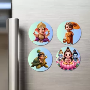Ganesha, Vamana, Vishnu, And The Trimurti Fridge Magnets Ã¢â‚¬â€œ 4 Piece Set | 3 Inch Round Wall Fridge Decor (F22786)