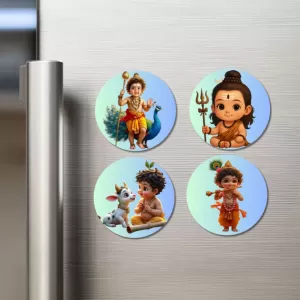 Krishna, Radha, Ganesha, And Hanuman. Fridge Magnets Ã¢â‚¬â€œ 4 Piece Set | 3 Inch Round Wall Fridge Decor (F22790)