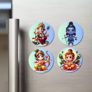 Ganesha, Shiva, Rama, And Kartikeya. Fridge Magnets Ã¢â‚¬â€œ 4 Piece Set | 3 Inch Round Wall Fridge Decor (F22791)