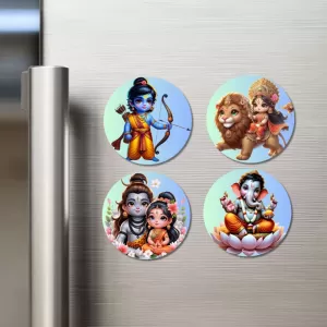Ganesha, Shiva, Durga, Rama, And Parvati. Fridge Magnets Ã¢â‚¬â€œ 4 Piece Set | 3 Inch Round Wall Fridge Decor (F22795)