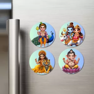 Kartikeya, Shiva, Parvati, Durga, And Ganesha. Fridge Magnets Ã¢â‚¬â€œ 4 Piece Set | 3 Inch Round Wall Fridge Decor (F22797)