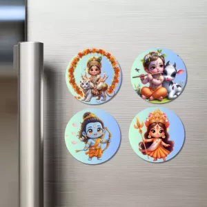 Vaikuntha (Vishnu), Krishna, Rama, And Durga. Fridge Magnets – 4 Piece Set | 3 Inch Round Wall Fridge Decor (F22801) Vaikuntha (Vishnu), Krishna, Rama, And Durga. Fridge Magnets – 4 Piece Set | 3 Inch Round Wall Fridge Decor (F22801)