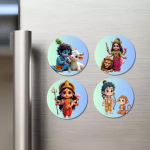 Krishna, Durga, Rama, And Hanuman. Fridge Magnets – 4 Piece Set | 3 Inch Round Wall Fridge Decor (F22802) Krishna, Durga, Rama, And Hanuman. Fridge Magnets – 4 Piece Set | 3 Inch Round Wall Fridge Decor (F22802)