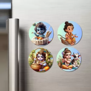 Krishna, Rama, And Hanuman. Fridge Magnets Ã¢â‚¬â€œ 4 Piece Set | 3 Inch Round Wall Fridge Decor (F22803)