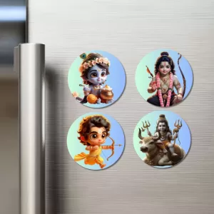 Krishna, Rama, And Shiva. Fridge Magnets Ã¢â‚¬â€œ 4 Piece Set | 3 Inch Round Wall Fridge Decor (F22804)