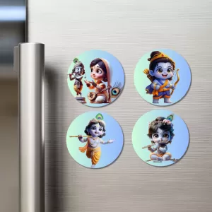 Krishna, Radha, And Rama. Fridge Magnets Ã¢â‚¬â€œ 4 Piece Set | 3 Inch Round Wall Fridge Decor (F22805)