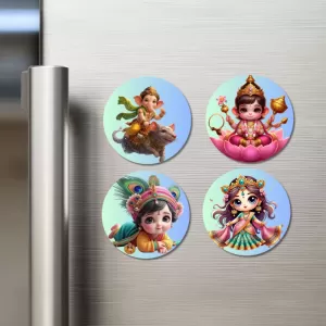Ganesha, Lakshmi, Krishna, And Saraswati. Fridge Magnets Ã¢â‚¬â€œ 4 Piece Set | 3 Inch Round Wall Fridge Decor (F22807)