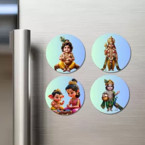 Krishna, Rama, Ganesha, And Parvati. Fridge Magnets Ã¢â‚¬â€œ 4 Piece Set | 3 Inch Round Wall Fridge Decor (F22809)