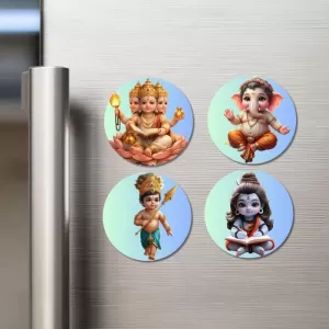 Brahma, Ganesha, Kartikeya, And Shiva. Fridge Magnets Ã¢â‚¬â€œ 4 Piece Set | 3 Inch Round Wall Fridge Decor (F22810)