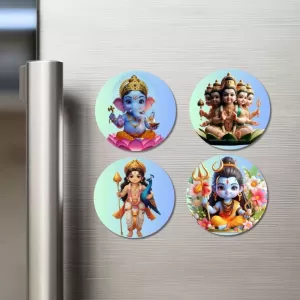 Brahma, Ganesha, Kartikeya, And Shiva. Fridge Magnets Ã¢â‚¬â€œ 4 Piece Set | 3 Inch Round Wall Fridge Decor (F22811)