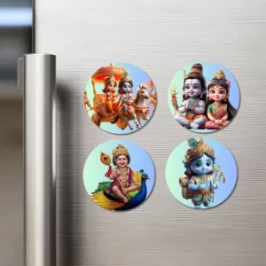 Rama, Shiva, Parvati, Kartikeya, And Krishna. Fridge Magnets – 4 Piece Set | 3 Inch Round Wall Fridge Decor (F22814) Rama, Shiva, Parvati, Kartikeya, And Krishna. Fridge Magnets – 4 Piece Set | 3 Inch Round Wall Fridge Decor (F22814)