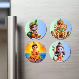 Krishna, Durga, Rama, And Shiva. Fridge Magnets Ã¢â‚¬â€œ 4 Piece Set | 3 Inch Round Wall Fridge Decor (F22815)