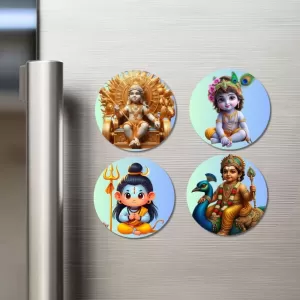 Krishna, Ganesha, Rama, And Shiva. Fridge Magnets Ã¢â‚¬â€œ 4 Piece Set | 3 Inch Round Wall Fridge Decor (F22816)
