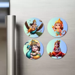 Kartikeya, Hanuman, And Krishna. Fridge Magnets – 4 Piece Set | 3 Inch Round Wall Fridge Decor (F22819) Kartikeya, Hanuman, And Krishna. Fridge Magnets – 4 Piece Set | 3 Inch Round Wall Fridge Decor (F22819)