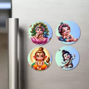 Kartikeya, Krishna, Hanuman, And Shiva. Fridge Magnets – 4 Piece Set | 3 Inch Round Wall Fridge Decor (F22820) Kartikeya, Krishna, Hanuman, And Shiva. Fridge Magnets – 4 Piece Set | 3 Inch Round Wall Fridge Decor (F22820)