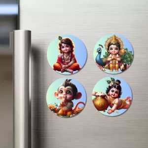 Krishna, Shiva, Ganesha, And Rama. Fridge Magnets Ã¢â‚¬â€œ 4 Piece Set | 3 Inch Round Wall Fridge Decor (F22821)