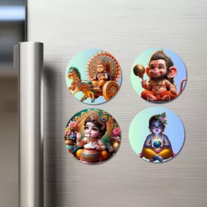 Rama, Hanuman, Kartikeya, And Krishna. Fridge Magnets Ã¢â‚¬â€œ 4 Piece Set | 3 Inch Round Wall Fridge Decor (F22822)