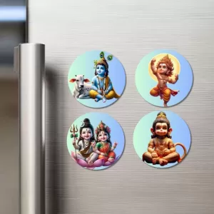 Krishna, Rama, Shiva, Parvati, And Hanuman. Fridge Magnets Ã¢â‚¬â€œ 4 Piece Set | 3 Inch Round Wall Fridge Decor (F22823)