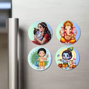 Krishna, Yashoda, Ganesha, And Kartikeya. Fridge Magnets Ã¢â‚¬â€œ 4 Piece Set | 3 Inch Round Wall Fridge Decor (F22831)