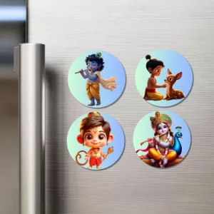 Krishna, Rama, And Hanuman. Fridge Magnets – 4 Piece Set | 3 Inch Round Wall Fridge Decor (F22832) Krishna, Rama, And Hanuman. Fridge Magnets – 4 Piece Set | 3 Inch Round Wall Fridge Decor (F22832)