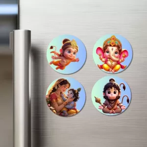 Rama, Ganesha, Yashoda, Krishna, And Hanuman Fridge Magnets – 4 Piece Set | 3 Inch Round Wall Fridge Decor (F22833) Rama, Ganesha, Yashoda, Krishna, And Hanuman Fridge Magnets – 4 Piece Set | 3 Inch Round Wall Fridge Decor (F22833)
