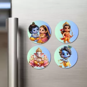 Krishna, Radha, Rama, And Ganesha. Fridge Magnets Ã¢â‚¬â€œ 4 Piece Set | 3 Inch Round Wall Fridge Decor (F22835)