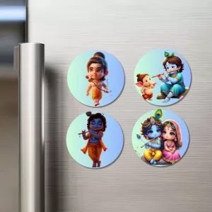 Krishna, Radha, Rama, And Ganesha. Fridge Magnets – 4 Piece Set | 3 Inch Round Wall Fridge Decor (F22836) Krishna, Radha, Rama, And Ganesha. Fridge Magnets – 4 Piece Set | 3 Inch Round Wall Fridge Decor (F22836)