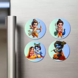 Rama, Kartikeya, Radha, And Krishna. Fridge Magnets – 4 Piece Set | 3 Inch Round Wall Fridge Decor (F22839) Rama, Kartikeya, Radha, And Krishna. Fridge Magnets – 4 Piece Set | 3 Inch Round Wall Fridge Decor (F22839)