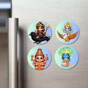 Shani, Vishnu, Lakshmi, And Krishna. Fridge Magnets – 4 Piece Set | 3 Inch Round Wall Fridge Decor (F22842) Shani, Vishnu, Lakshmi, And Krishna. Fridge Magnets – 4 Piece Set | 3 Inch Round Wall Fridge Decor (F22842)