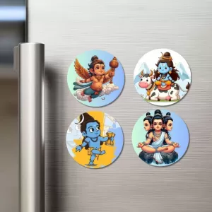 Garuda, Shiva, And Brahma. Fridge Magnets Ã¢â‚¬â€œ 4 Piece Set | 3 Inch Round Wall Fridge Decor (F22846)